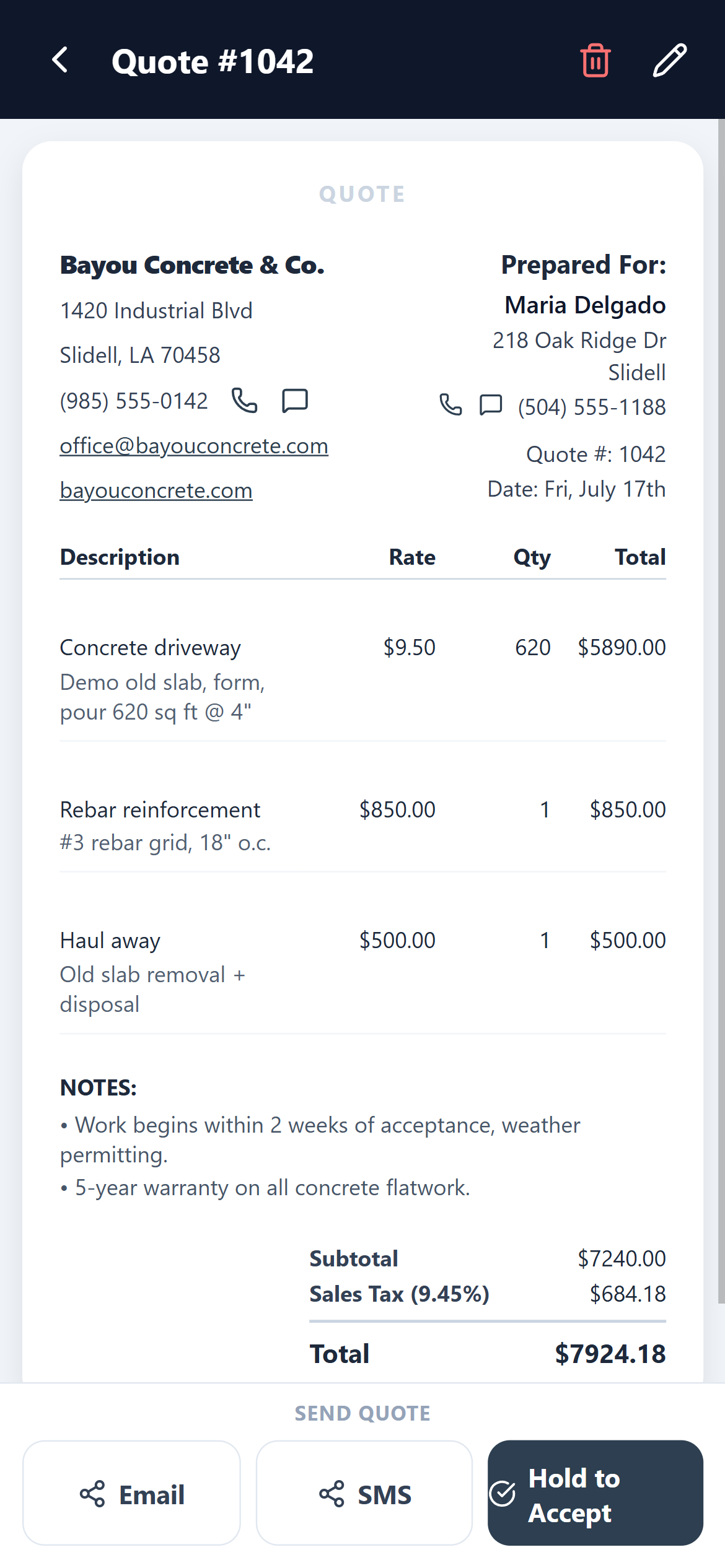 The customer's view of a QuoteMaven quote with e-signature