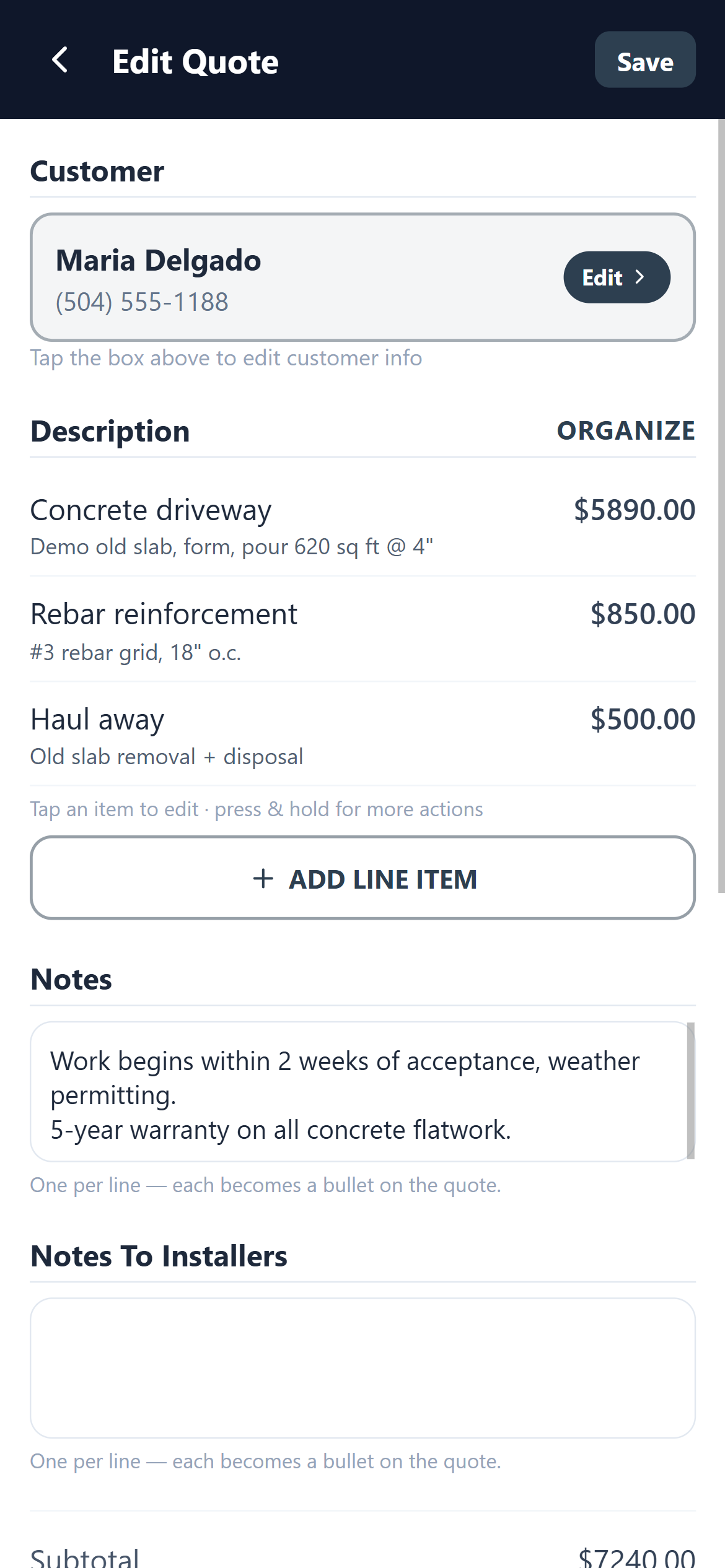 Building a quote in QuoteMaven with line items and totals